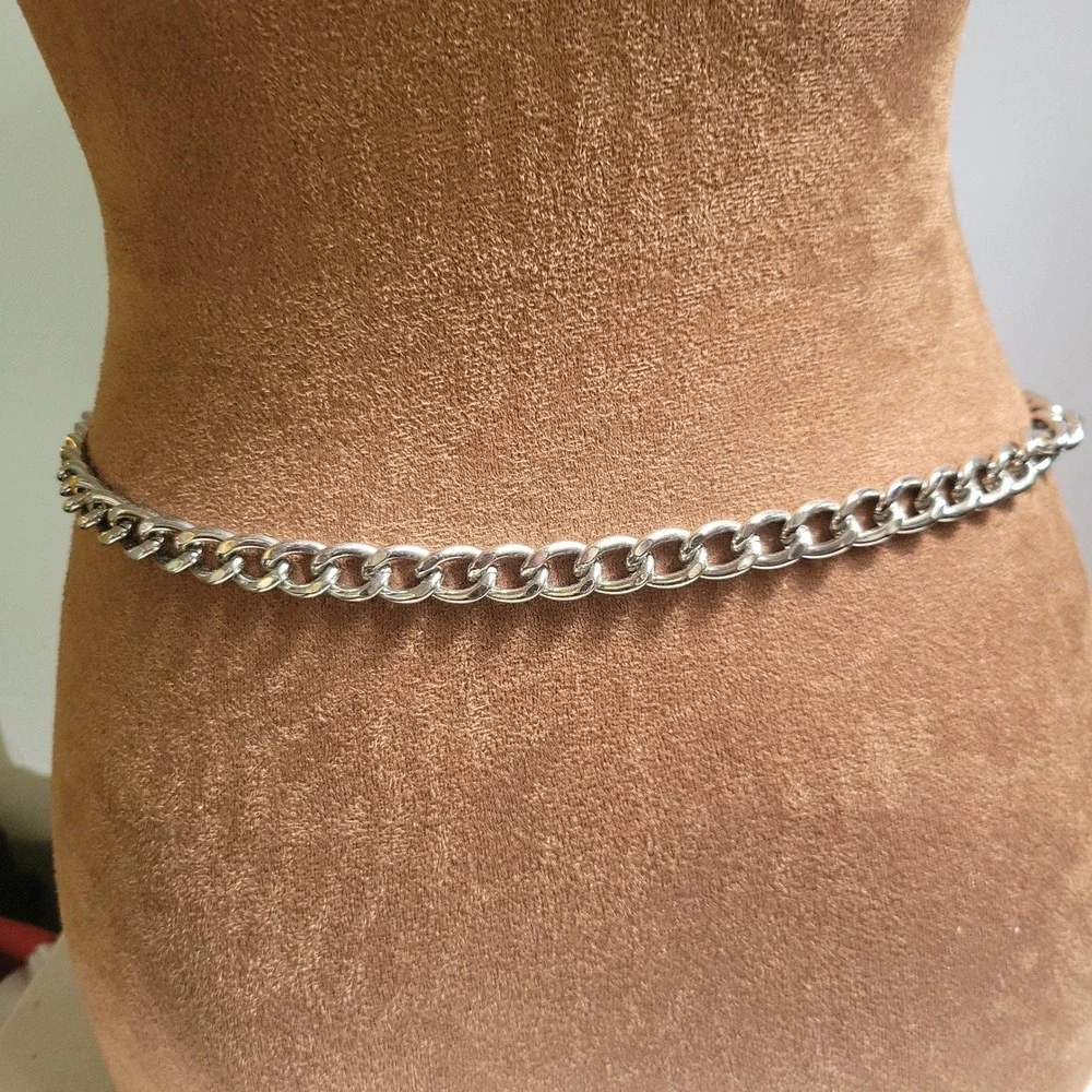 Silver Rhinestone Curb Chain Belt Circle Link Adjustable Size 38 Inch Y2K